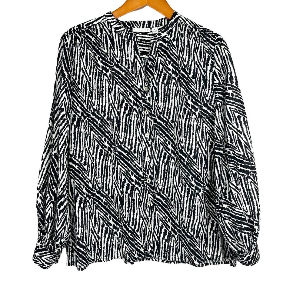SUSAN GRAVER Cotton Animal Print Roll Tab Sleeve Button Down Blouse Top LARGE